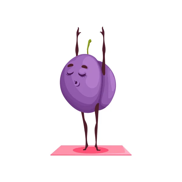 Purple Plum Isolated Fruit Cartoon Character Stretching Fitness Pilates Yoga — Stockvector