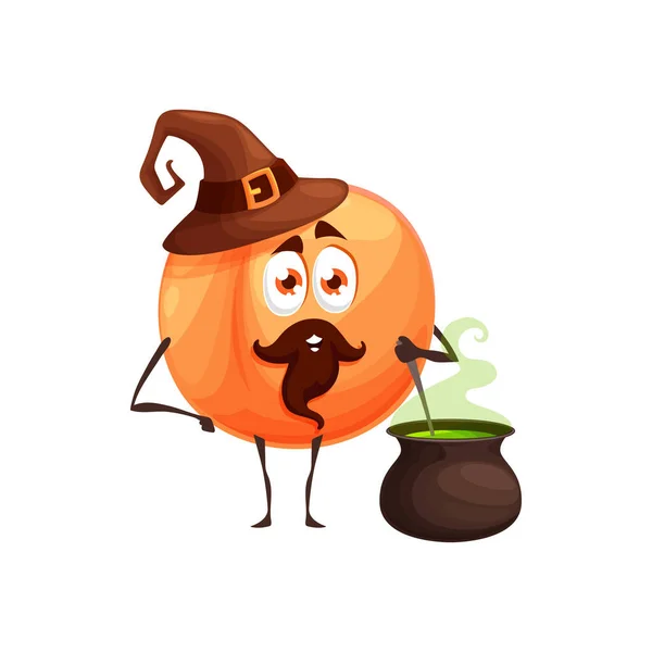 Cartoon Peach Fruit Wizard Magician Character Vector Fairy Tale Personage — Stock Vector