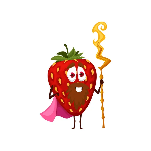 Sorcier Aux Fraises Avec Bâton Magique Mascotte Fantaisie Fruits Baies — Image vectorielle