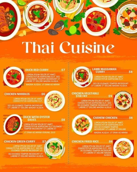 Menu Cuisine Thaïlandaise Avec Nourriture Thaïlande Plats Restaurant Asiatique Vecteur — Image vectorielle