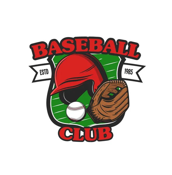 棒球运动图标与头盔和手套 俱乐部和球队矢量徽章 棒球或垒球校队队员的队徽 带有球带和护盾 用于比赛或锦标赛 — 图库矢量图片