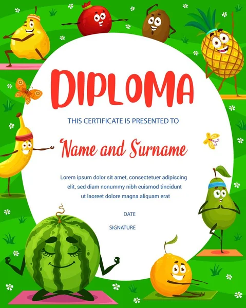 Kids Diploma Cartoon Kiwi Banana Pear Lemon Pineapple Pomegranate Yoga — Stockový vektor