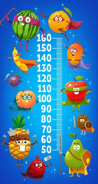 Kids Height Chart Cartoon Fruits Superhero Characters Growth Meter Vector — Stockvektor