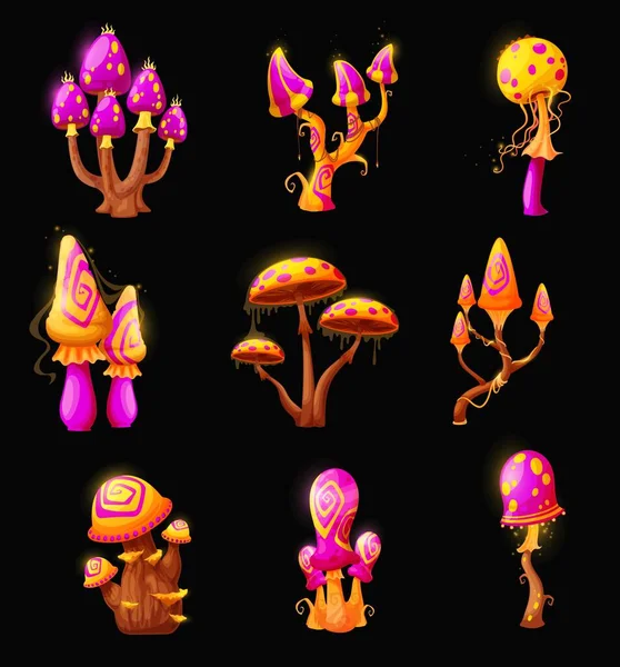 Fantasy Fairy Magic Mushrooms Luminous Toadstools Toxic Amanita Fantastic Forest — Stok Vektör