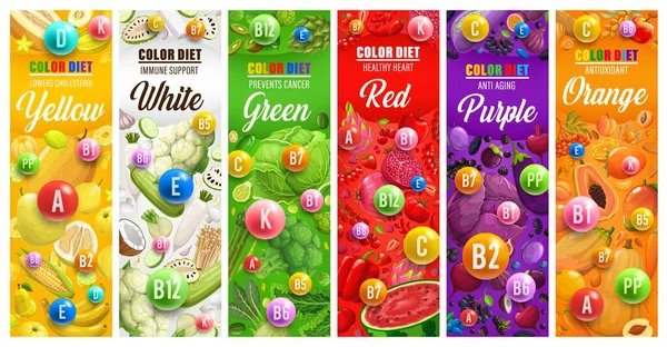 Color Rainbow Diet Vector Banners Vitamins Fruits Vegetables Organic Nutrition — Stockvector