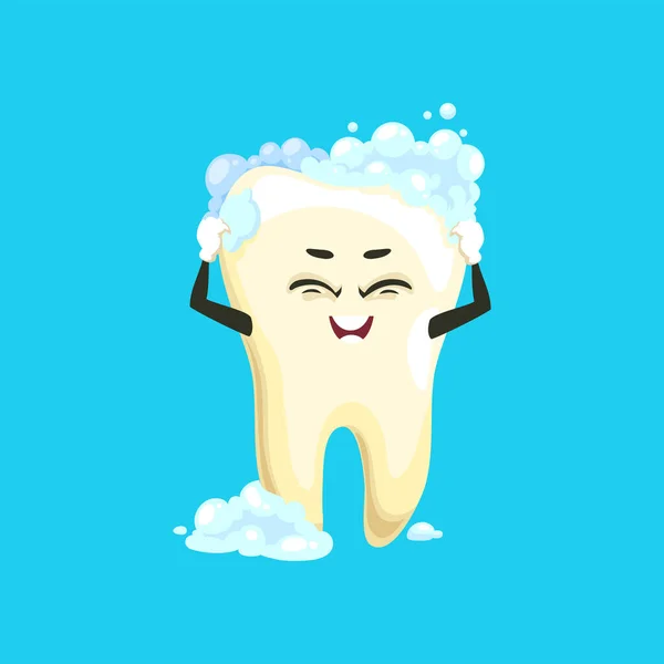 Tooth Emoticon Cartoon Character Cleaning Washing Brushing Bubbles Isolated Vector — стоковый вектор