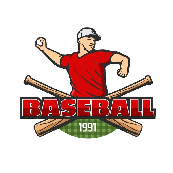 Baseball Sport Icon Pitcher Player Throwing Ball Crossed Bats Baseball — Vetor de Stock