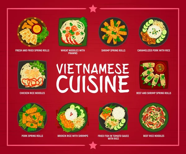 Menüseite Der Vietnamesischen Küche Weizennudeln Mit Garnelen Reisbrocken Mit Garnelen — Stockvektor