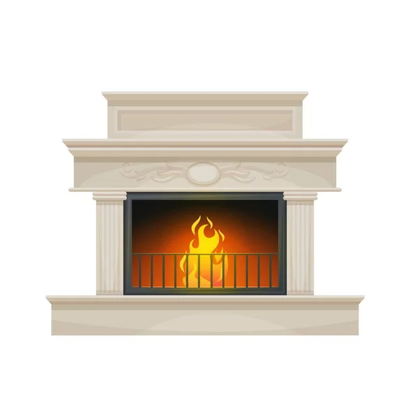 近代的なインテリア暖炉 薪の炎 金属格子と大理石の石の列と装飾と現代的なオープン囲炉裏 家の隔離ベクトル古典的な暖炉 家のインテリア要素を解体 — ストックベクタ