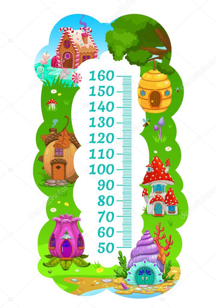 Kids height chart growth ruler meter flower and acorn, shell, beehive, mushroom and caramel houses. Vector children height measurement scale with funny cartoon fairy dwellings in forest field
