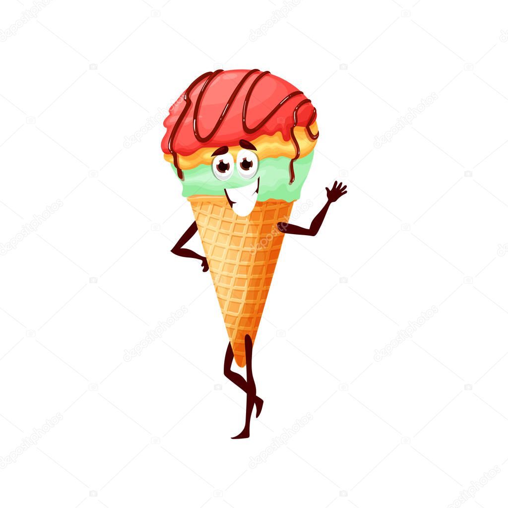 Ice cream in waffle cone isolated funny cartoon character. Vector emoticon with happy smile waving hand, cold refreshing summer dessert, italian sundae swirl in wafer. Kawaii gelato ice-cream snack