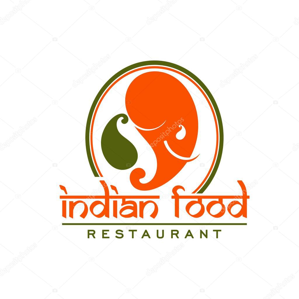 Indian restaurant icon with elephant head in leaf or chilli pepper shape and Hindi typography. Asian country food cafe or restaurant graphic icon, abstract vector emblem with Indian elephant and spice