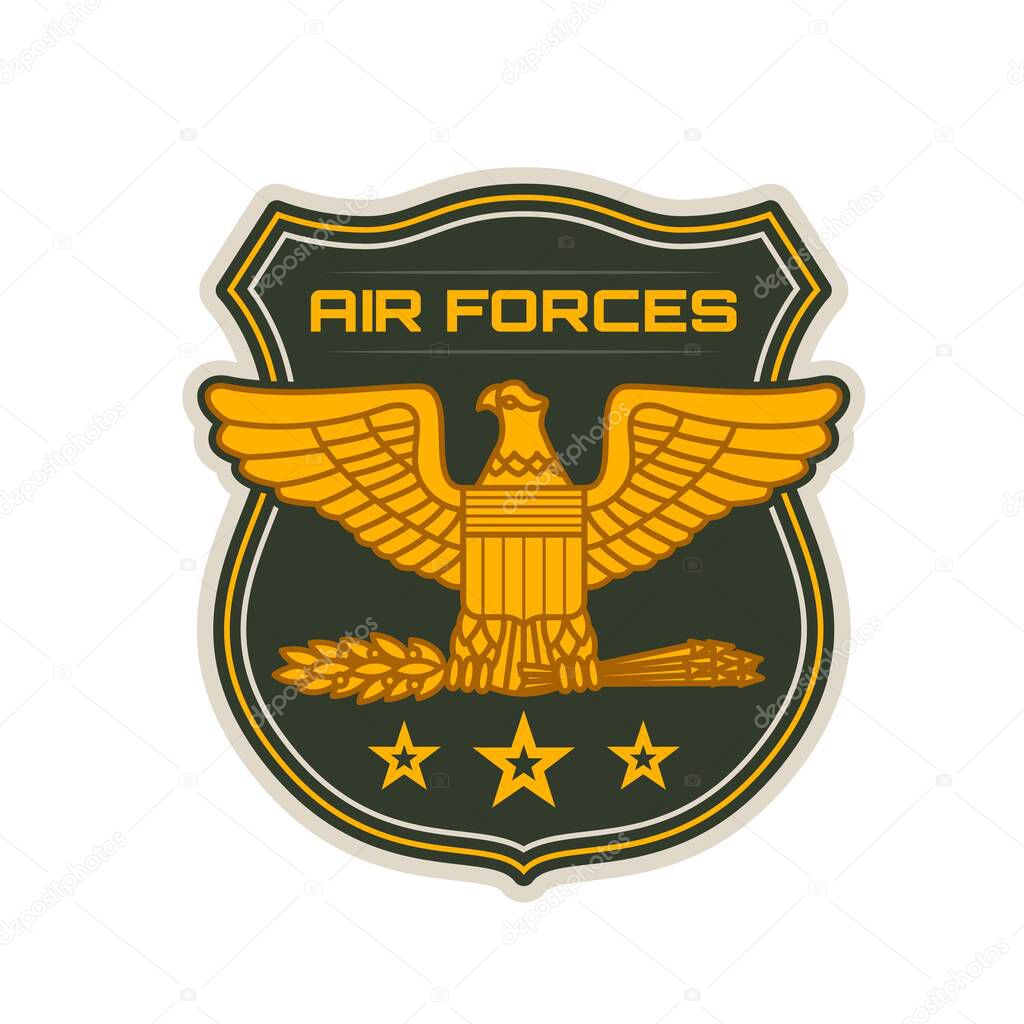 Air forces heraldic icon vector shield with gold eagle, wings, arrows and stars. Army or navy aviation, military aircraft division, flight, group or squadron isolated symbol and patch design