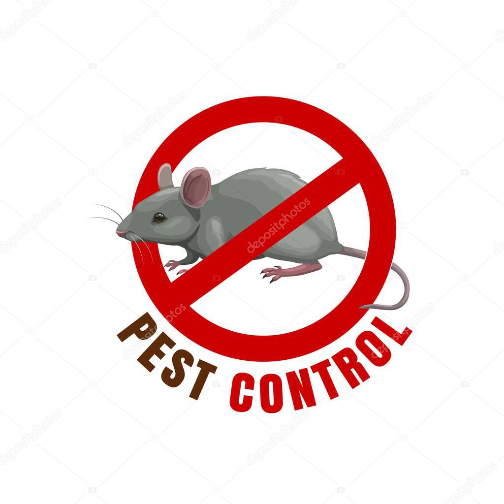 Mouse sign, pest control icon for deratizaion and rodents disinfection, vector. Mouse and rats pest control stop sign, domestic extermination and disinfestation service against vermin and rodents