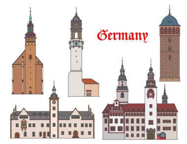 Almanya, Freiburg, Schneeberg, Chemnitz ve Bautzen, vektör binaları mimarisi. Alman Baden Wurttemberg ve Saksonya seferi St. Wolfgang kilisesi, belediye binası Rathaus ve Reichenturm kulesi