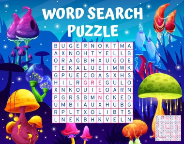 Sihirli parlak mantarlar yabancı gezegen, kelime bulmaca oyunu, vektör çalışma tablosu. Çocuklar sihirli mantar ormanlarında parlayan mantar renklerini arayıp bulmak için bilmece soruyorlar.
