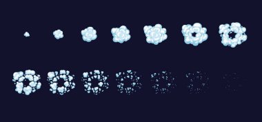 Cartoon smoke explosion game sprite, animate effect, cloud, steam, bomb, fog, blast. Vector explode burst animation frame. Game user interface, GUI element for games, computer or web design movement