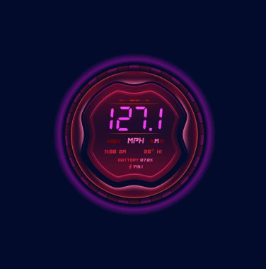 Fütürist araba hız göstergesi göstergesi. Neon öncü hız ölçer. Araç hız göstergesi, otomobil kilometre göstergesi dijital ekran, pille şarj edilen motorlu gelecek daire paneli