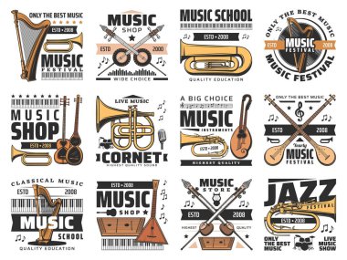 Music instruments, concert and live festival or shop vector icons. Music instruments emblems for musician school, opera classic concert harp and cornet, folk instruments and sound festival