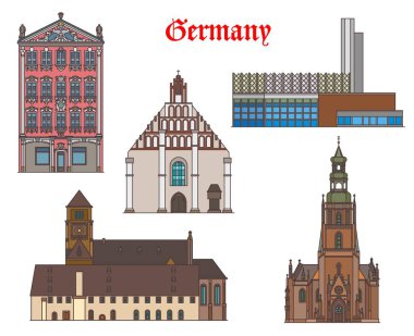 Germany, Chemnitz, Zwickau and Kamenz buildings, vector architecture landmarks. German Saxony buildings of Siegertsches House, Stadthalle city hall, Marienkirche and Schloskirche castle church