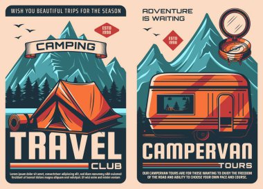 Travel camping and van retro posters, outdoor tourism with camper trailer. Mountaineering or hiking travel club and adventure expedition to mountains or forest lake camp with caravan van or RV truck