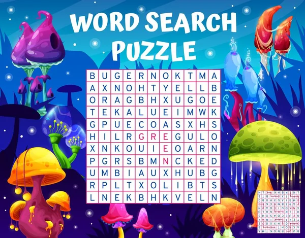 Magic Luminous Mushrooms Alien Planet Word Search Puzzle Game Vector — Image vectorielle