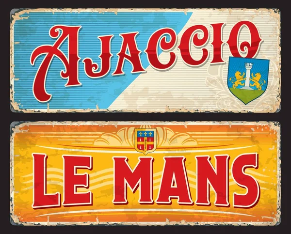 Mans Ajaccio French City Travel Stickers Plates 欧洲度假旅行愤怒矢量锡标志 法国旅游横幅或带有古董字体的旅游目的地标签 城市国徽 — 图库矢量图片