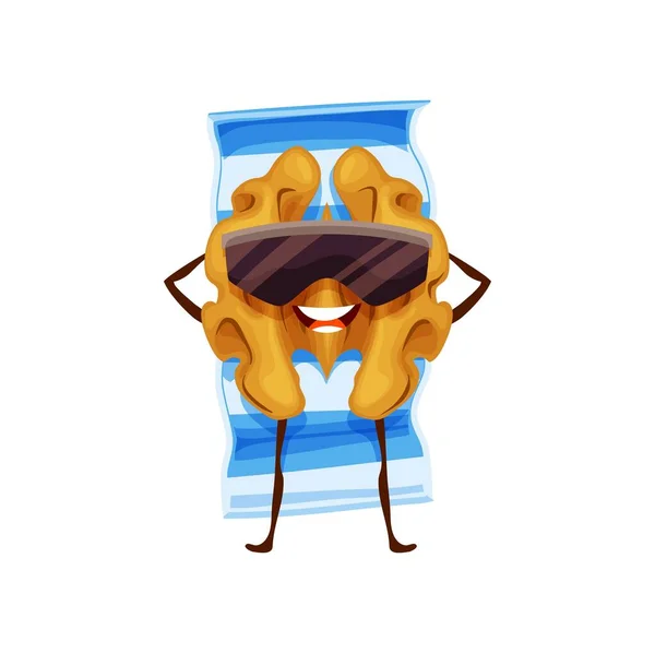 Cartoon Walnut Sunglasses Beach Mat Funny Vector Nut Character Tanning — Vetor de Stock