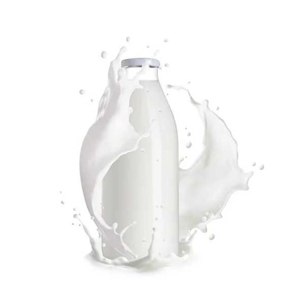 Realistische Milchflasche Mit Sahnespritzer Isolierter Vektor Weiße Welle Mit Tropfen — Stockvektor