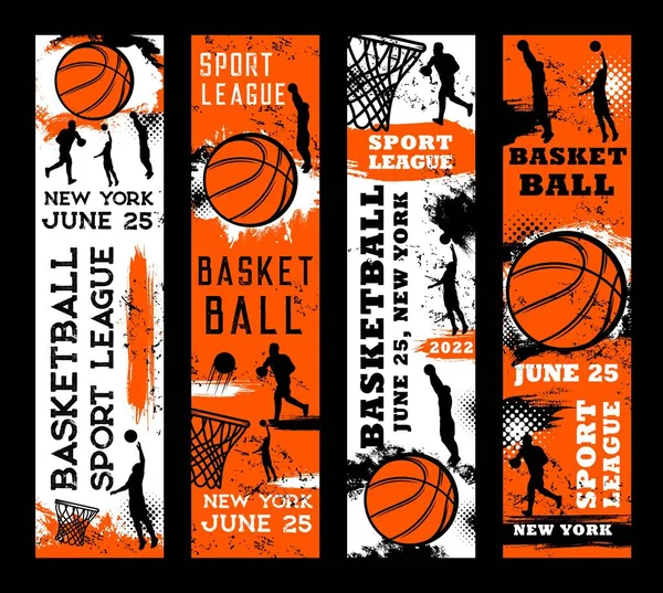 Basketball Sport Grunge Banners Players Ball Vector Halftone Orange Backgrounds — ストックベクタ