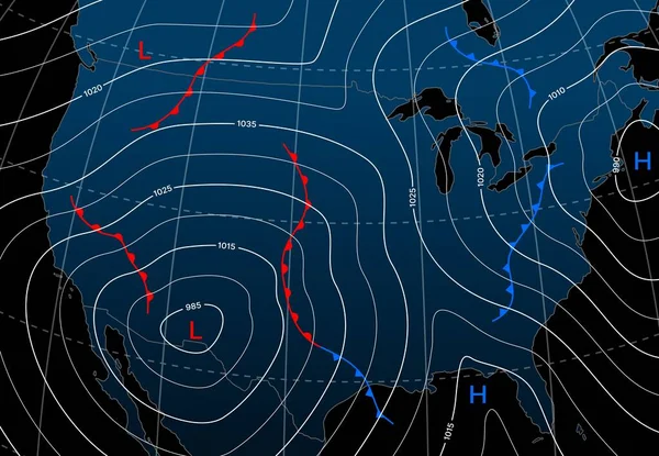 Vorhersage Wetter Isobar Nachtkarte Von Nordamerika Meteorologie Windfronten Vektordiagramm Nordamerikakarte — Stockvektor