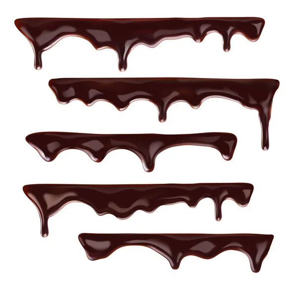 巧克力融化滴 矢量甜点滴现实的3D融化巧克力 调料或巧克力釉架 有滴滴 液体巧克力 红辣椒 巧克力 巧克力 可可豆糕点液霜 — 图库矢量图片