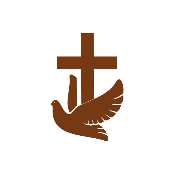 Crucifix and dove christian religion vector icon. Christianity catholic cross and pigeon bird flying, peace or faith symbol, isolated religious emblem