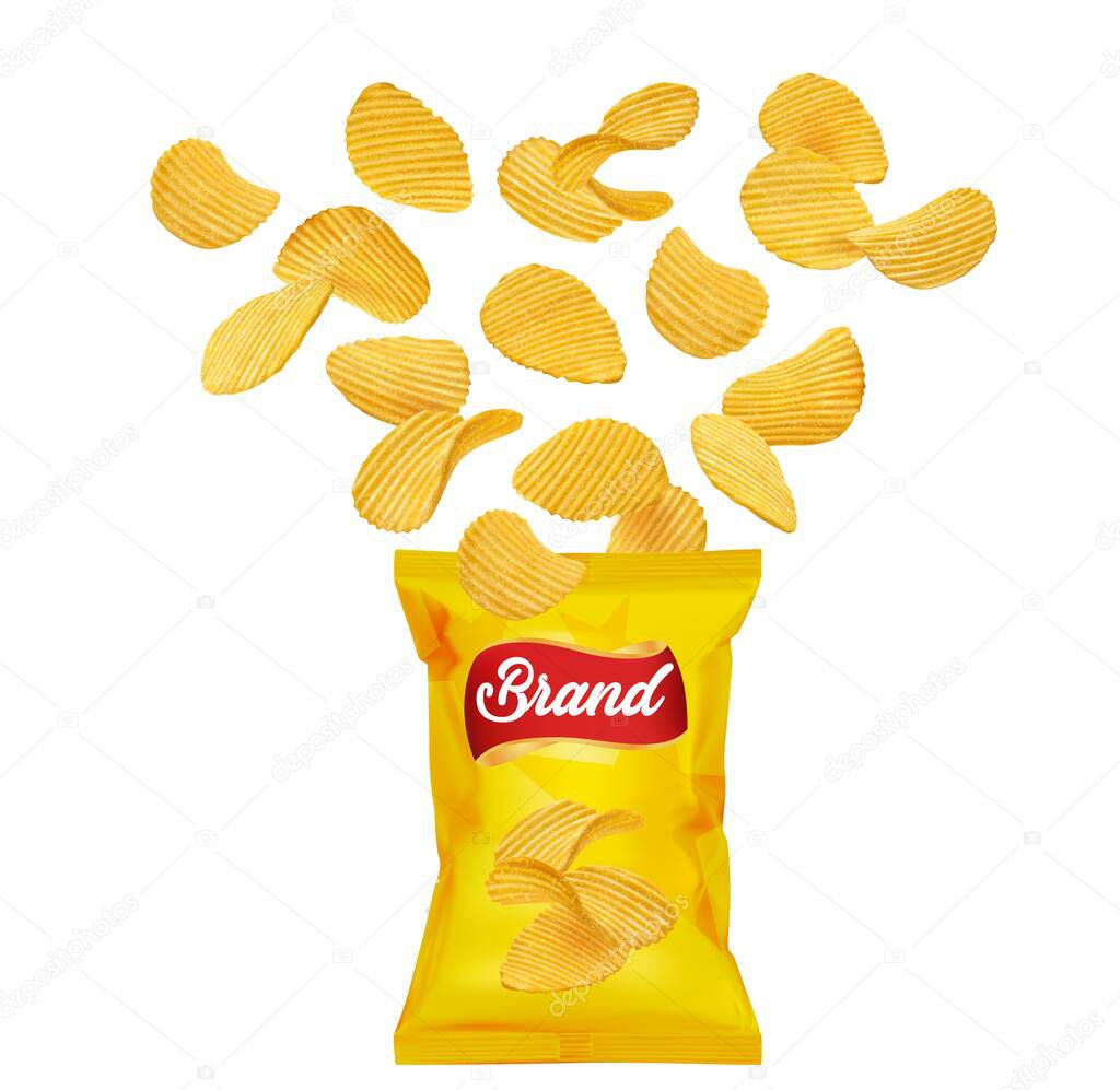Crispy ripple potato chips flying into pack, vector realistic snacks