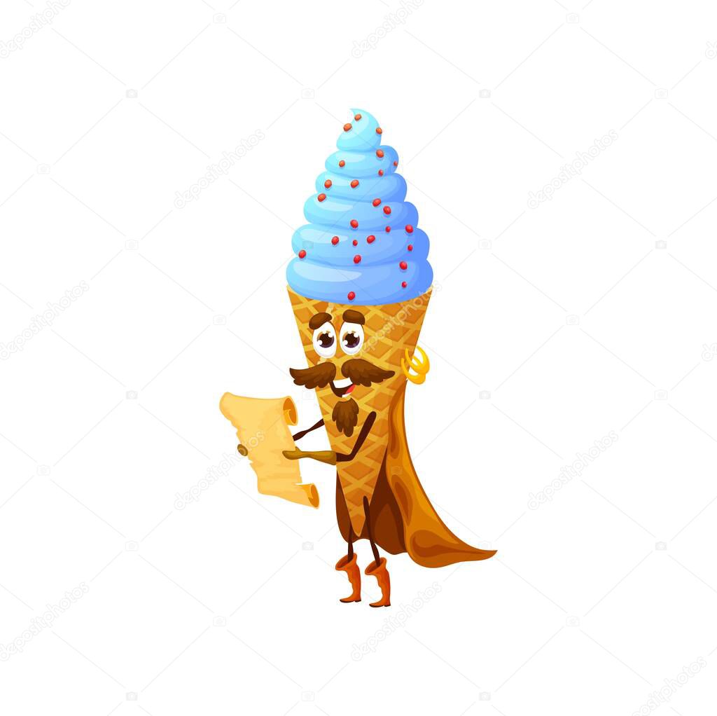 Cartoon ice cream cone pirate character with treasure map. Vector icecream in wafer cup corsair personage for kids menu. Sweet dessert wear cape adventure quest, funny filibuster snack