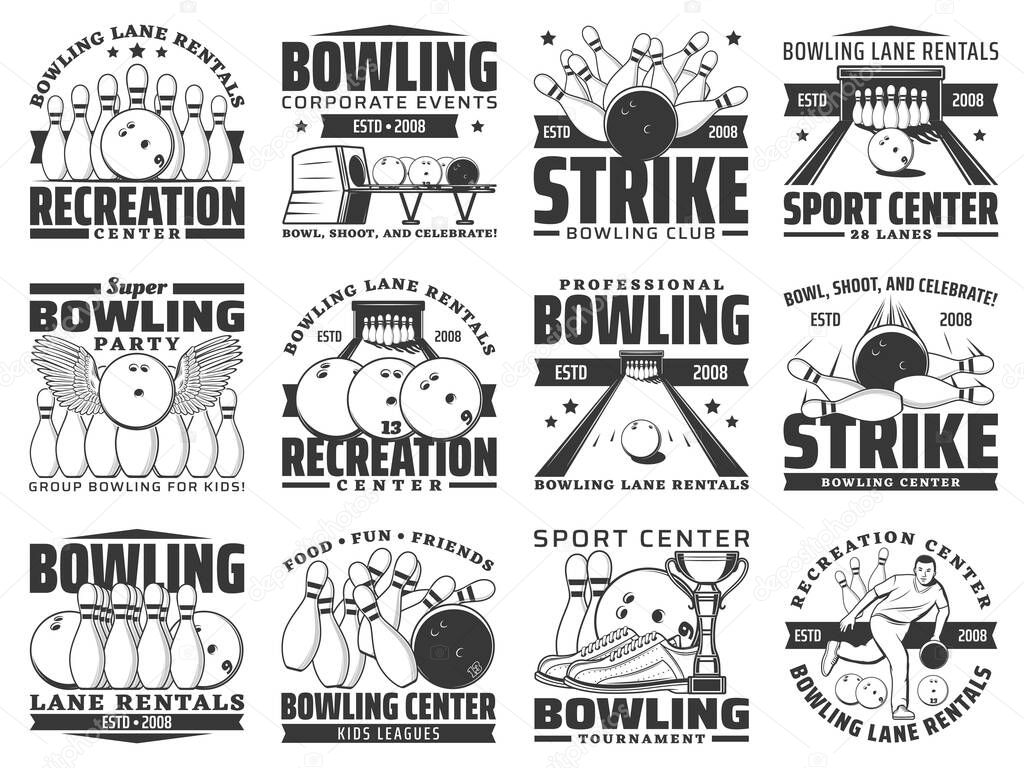 Bowling club icons, ball and pin strike sport tournament game center vector emblems. Bowling sport recreation and kids leisure activity, alley lanes and equipment rental, balls and skittle pins strike