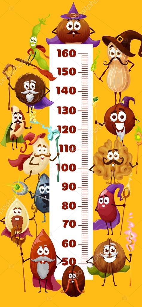 Cartoon nuts and beans wizards, mage characters kids height chart meter. Vector measure meter scale or stadiometer wall sticker, cute smiling peanut, walnut, hazelnut, almond and coconut personages