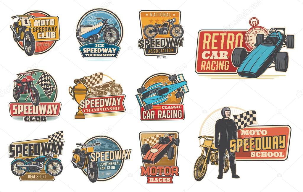 Speedway and car racing retro vector icons, sport race rally and motorcycles. Speedway races club badges and emblems, racer in helmet, motocross racing tournament and championship cup signs