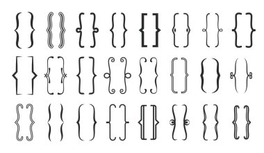 Parenthesis text brackets. Curly, round, square, elegant frames of vector punctuation marks. Isolated black line shapes of figured parentheses, brackets and braces, calligraphy