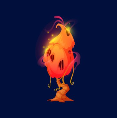 Cartoon isolated alien luminous tree, fantastic forest of magic fantasy world, isolated vector. Glowing luminescent tree or fairy mushroom toadstool and mystery slime with toxic potion light