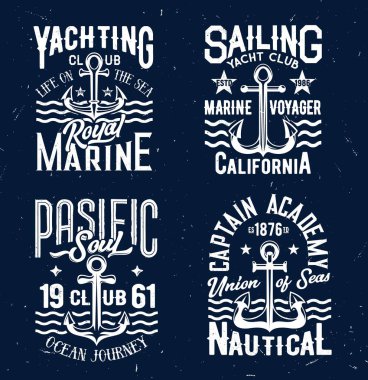 Tshirt prints with anchors and sea waves, apparel vector design. Armature labels with typography for sailing yacht club, pacific ocean journey, marine captain academy t shirt prints isolated set