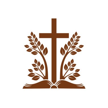Christianity religion vector icon with cross and trees grow from open Bible. Christian catholic Holy book and crucifix symbol isolated on white background, faith and religious emblem