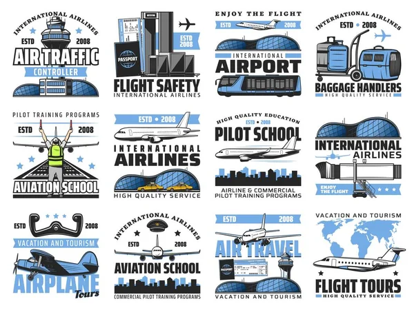 Airport Aviation Service Vector Icons Set International Airlines Baggage Handlers — Stock Vector