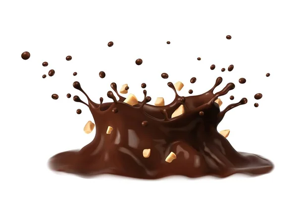 巧克力和咖啡牛奶的王冠撒满了碎花生 可可饮料甜点或融化的黑巧克力的现实矢量波 与孤立的3D飞溅滴和波纹质感 — 图库矢量图片