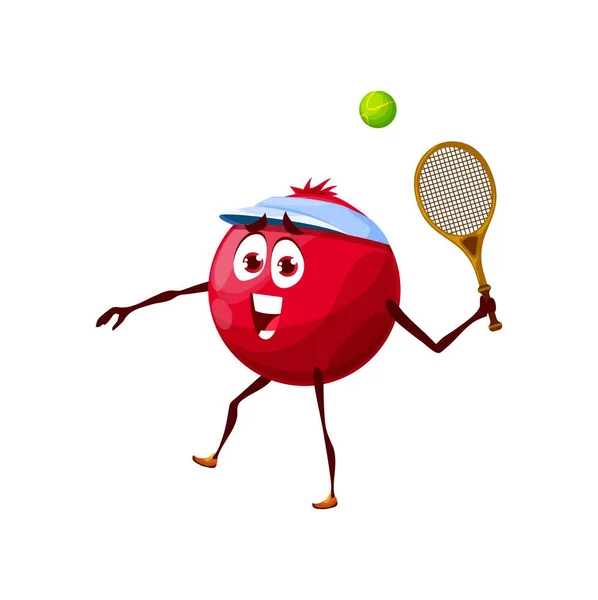 Cartoon Funny Cranberry Playing Tennis Vector Sportsman Berry Character Racket — Image vectorielle