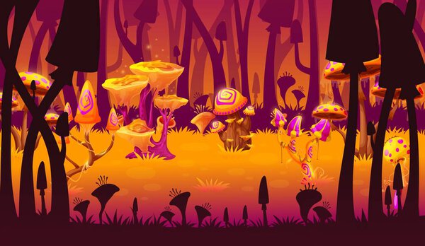 Magic mushrooms fantasy game level landscape, alien forest scene location. Cartoon vector parallax background with strange fungi, unusual fairytale plants with bright luminous glowing caps and sparks