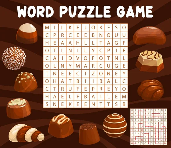 Chocolate Candies Sweets Word Search Puzzle Game Worksheet Vector Dessert — Vettoriale Stock
