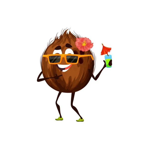 Cartoon Funny Coconut Character Cocktail Vector Cheerful Tropical Fruit Drink — ストックベクタ