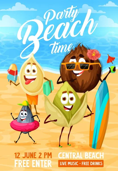 Beach Party Flyer Cheerful Nut Characters Cartoon Vector Invitation Poster — Vettoriale Stock