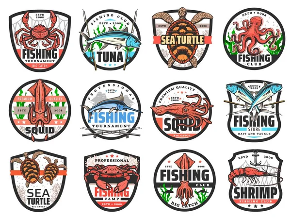 Distintivos Vetor Esporte Pesca Com Ícones Isolados Peixes Frutos Mar — Vetor de Stock